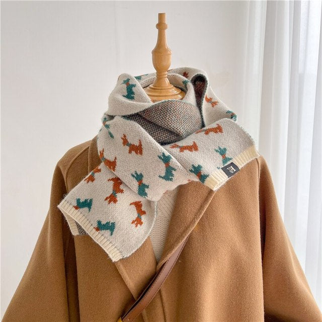 Wool Blend Animal Print Winter Scarf with Bow for Women